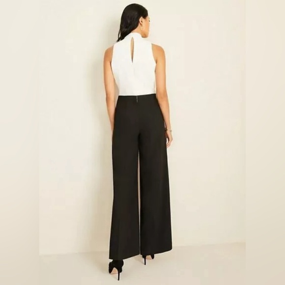 Ann Taylor Two Tone Tie Neck Jumpsuit Wide Leg Ivory - Picture 2 of 6